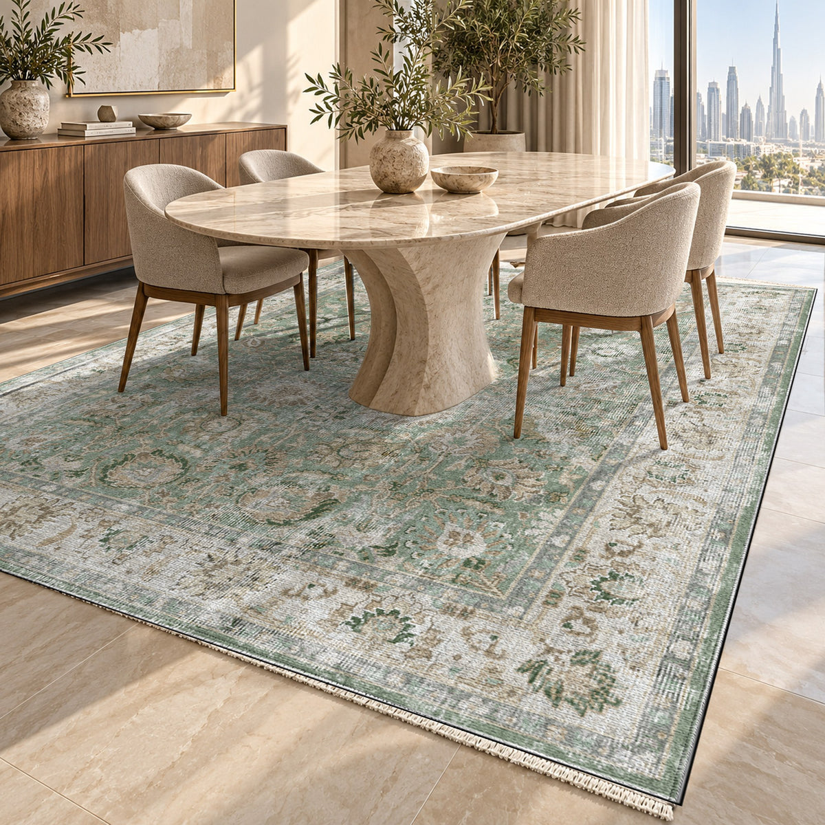Antique Wash Sage Vintage Washable Rug — dubai dining