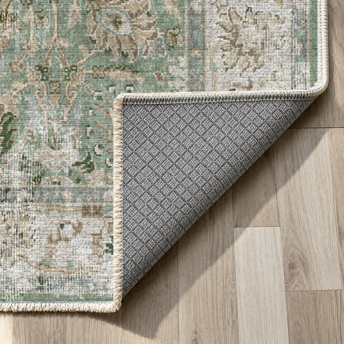 Antique Wash Sage Vintage Washable Rug — backing close up