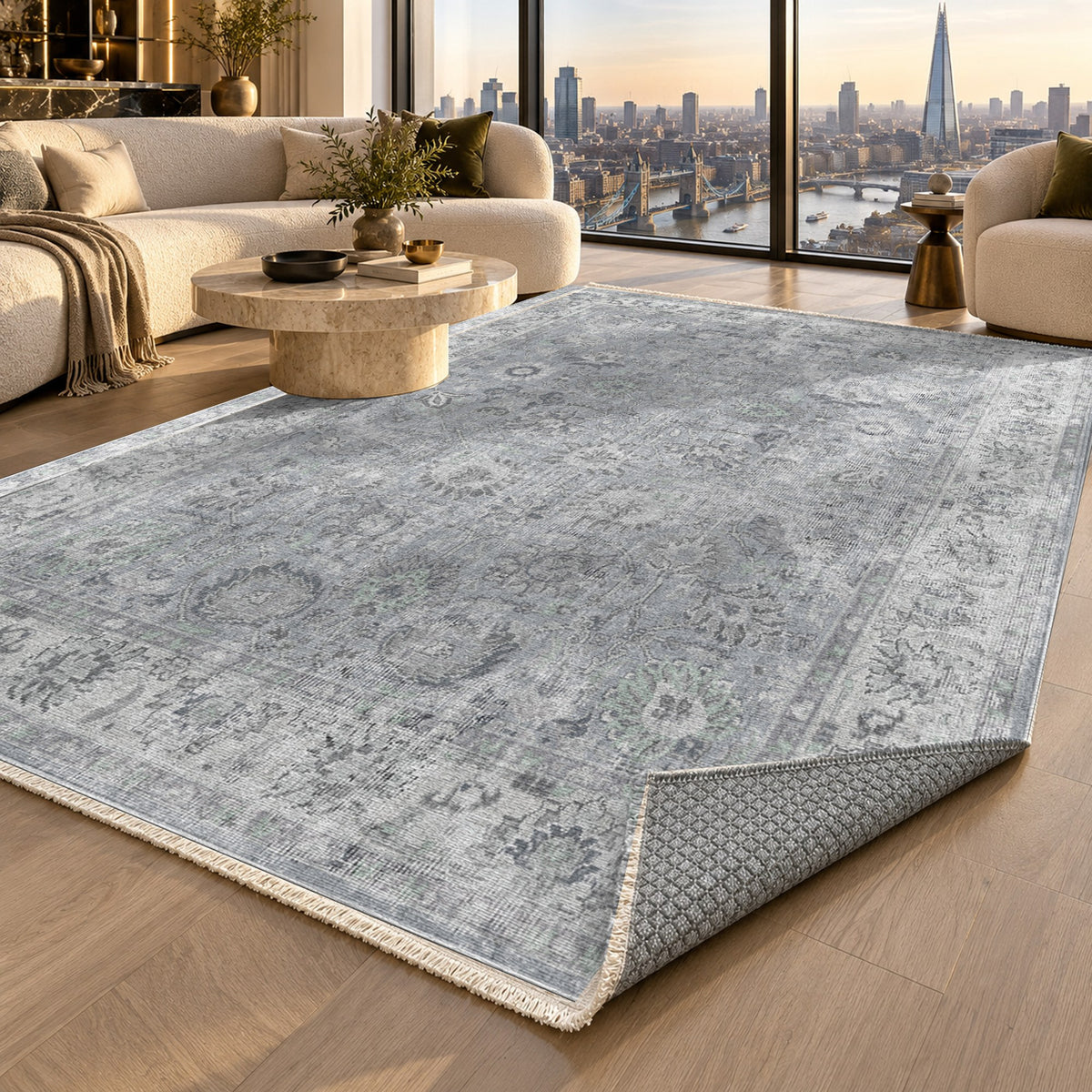 Antique Wash Silver Grey Vintage Washable Rug — london luxury living
