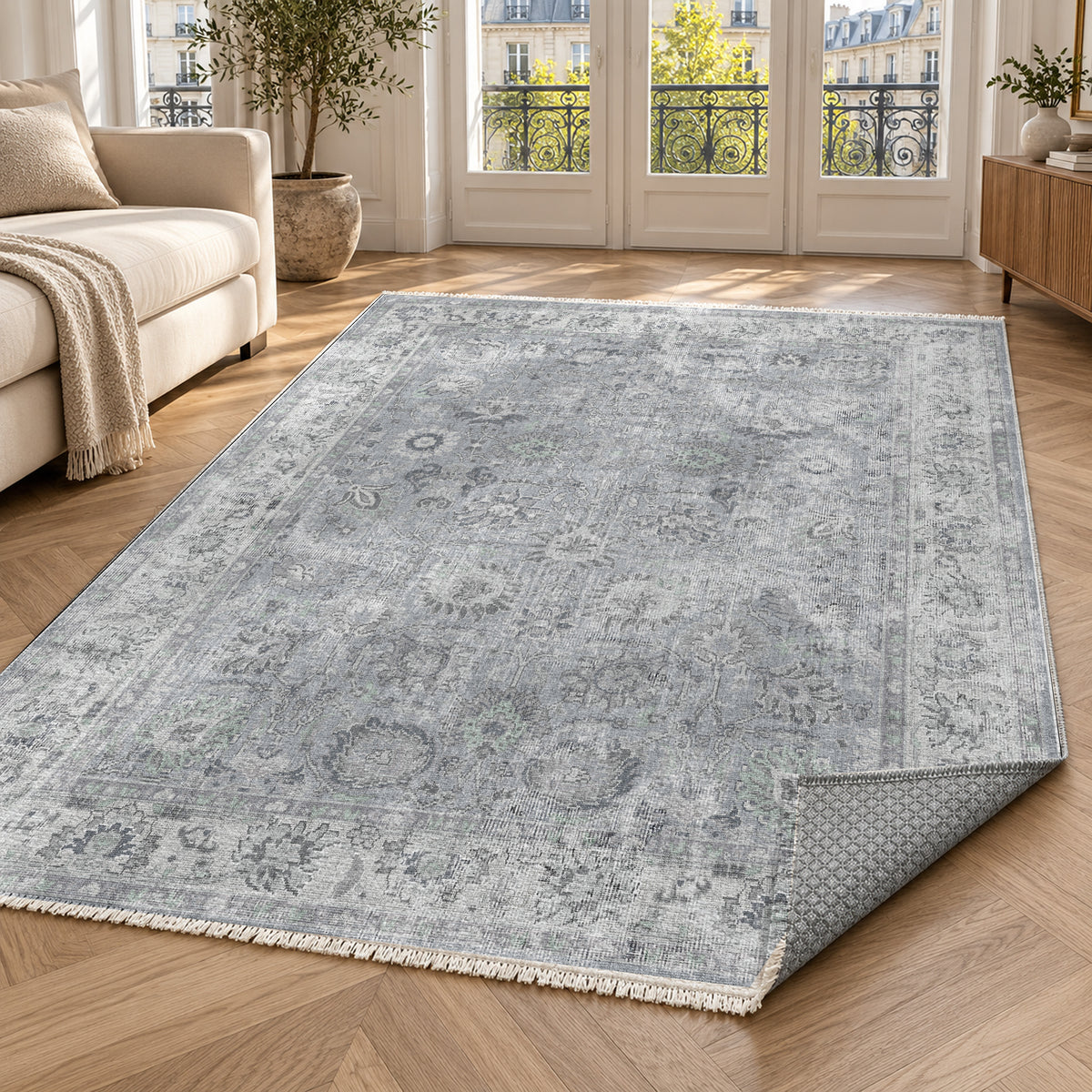 Antique Wash Silver Grey Vintage Washable Rug — paris living