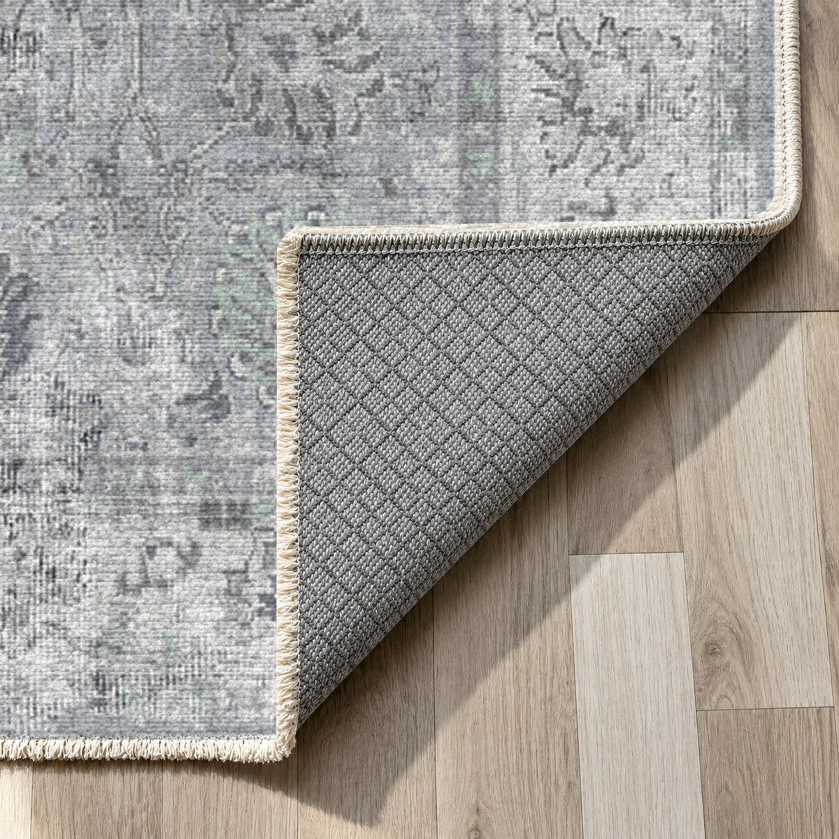 Antique Wash Silver Grey Vintage Washable Rug — backing close up