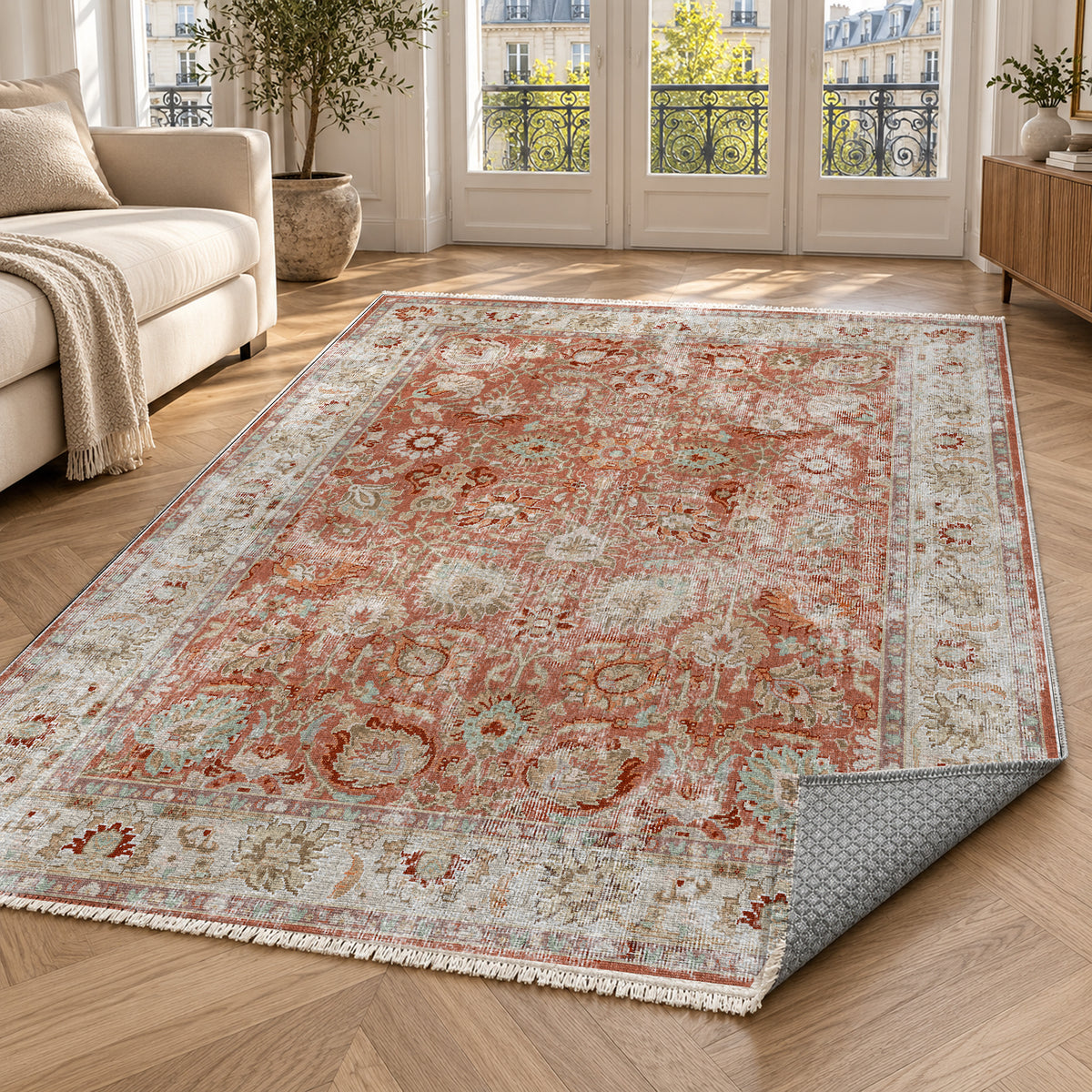 Antique Wash Terracotta Vintage Washable Rug — paris living