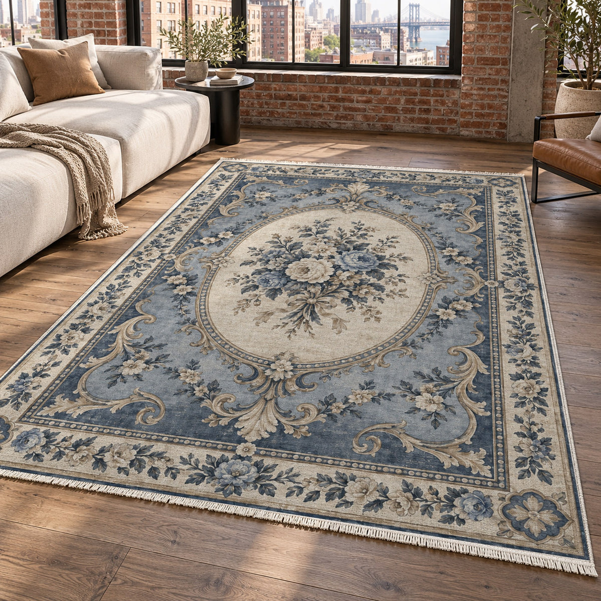 Aubusson Bouquet Blue Ivory Classic Washable Rug — new york living