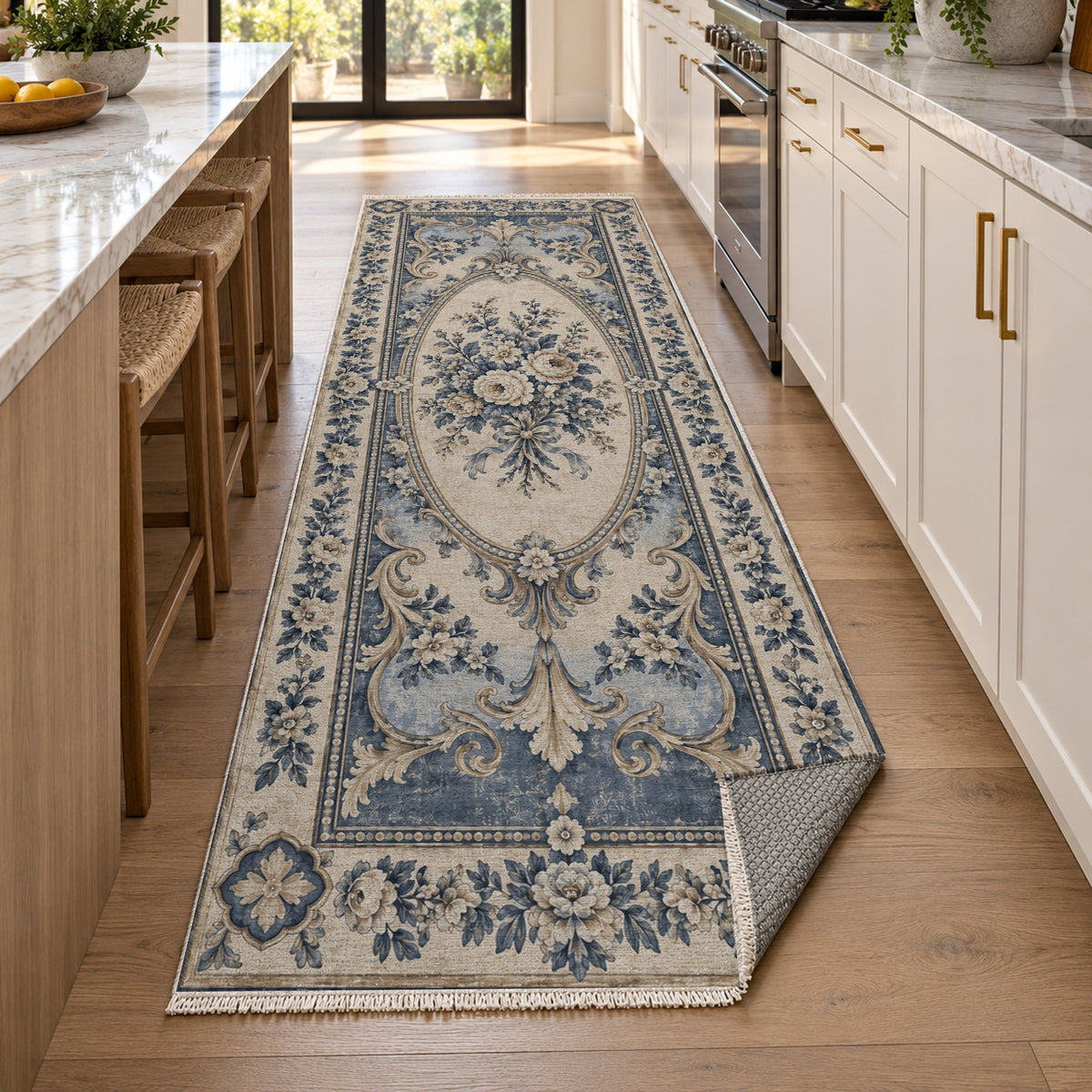 Aubusson Bouquet Blue Ivory Classic Washable Rug — new york kitchen runner