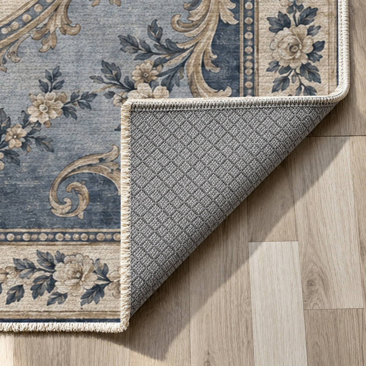 Aubusson Bouquet Blue Ivory Classic Washable Rug — backing close up