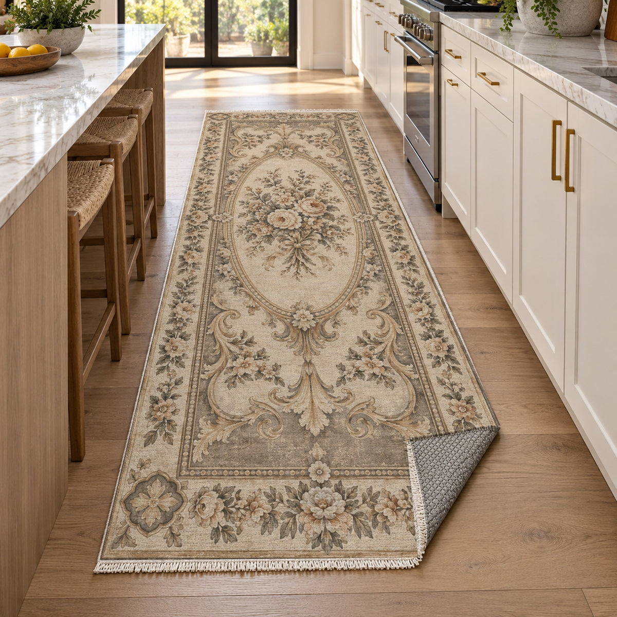 Aubusson Bouquet Ivory Taupe Classic Washable Rug — new york kitchen runner