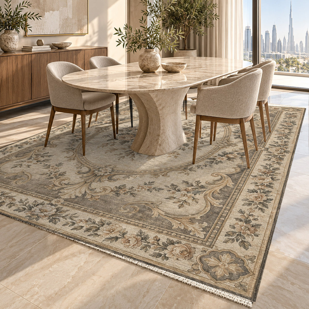 Aubusson Bouquet Ivory Taupe Classic Washable Rug — dubai dining