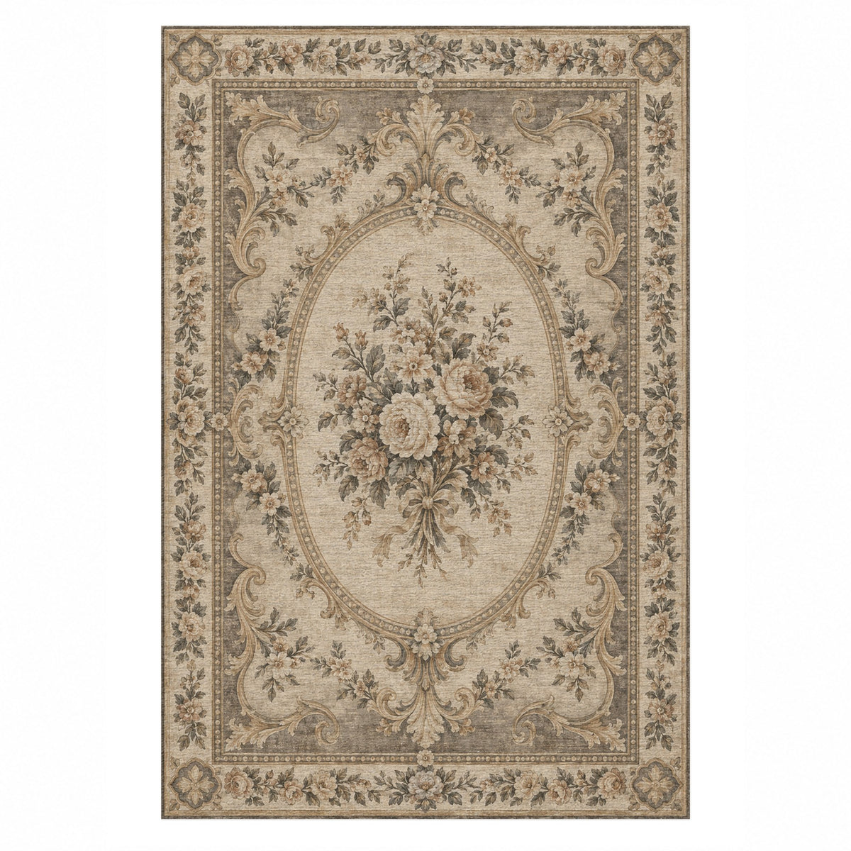 Aubusson Bouquet Ivory Taupe Classic Washable Rug — top view