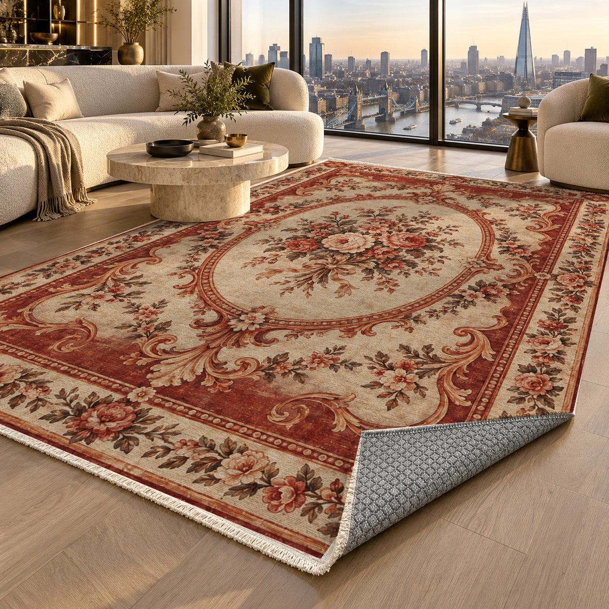 Aubusson Bouquet Rust Sand Classic Washable Rug — london luxury living