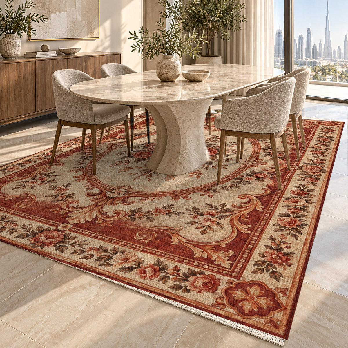 Aubusson Bouquet Rust Sand Classic Washable Rug — dubai dining