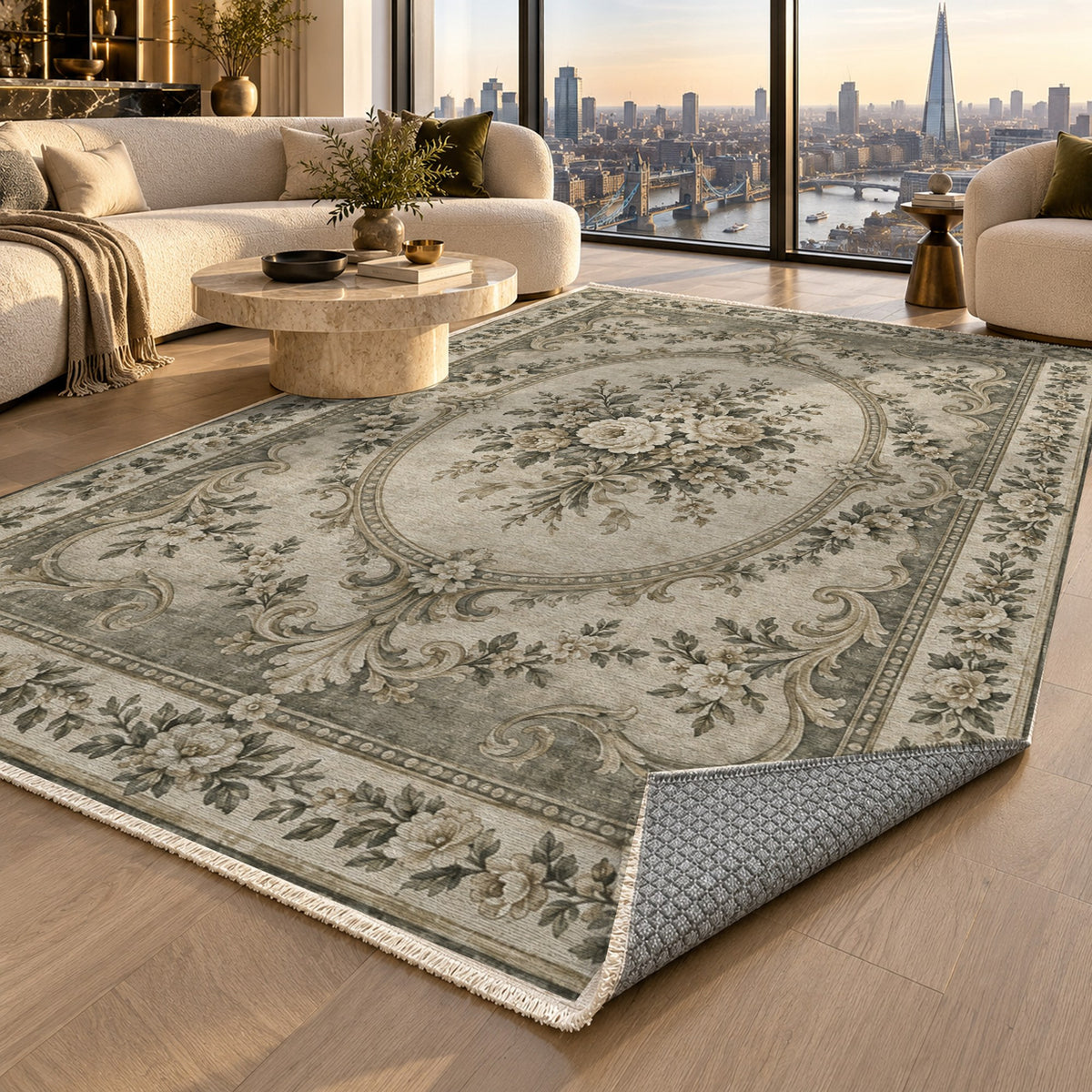 Aubusson Bouquet Sage Stone Classic Washable Rug — london luxury living