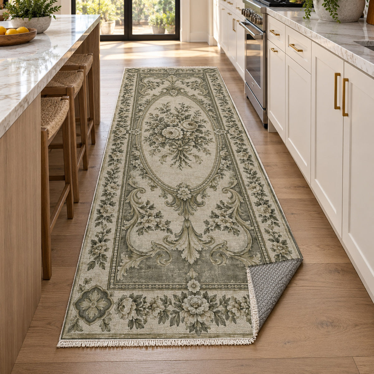 Aubusson Bouquet Sage Stone Classic Washable Rug — new york kitchen runner