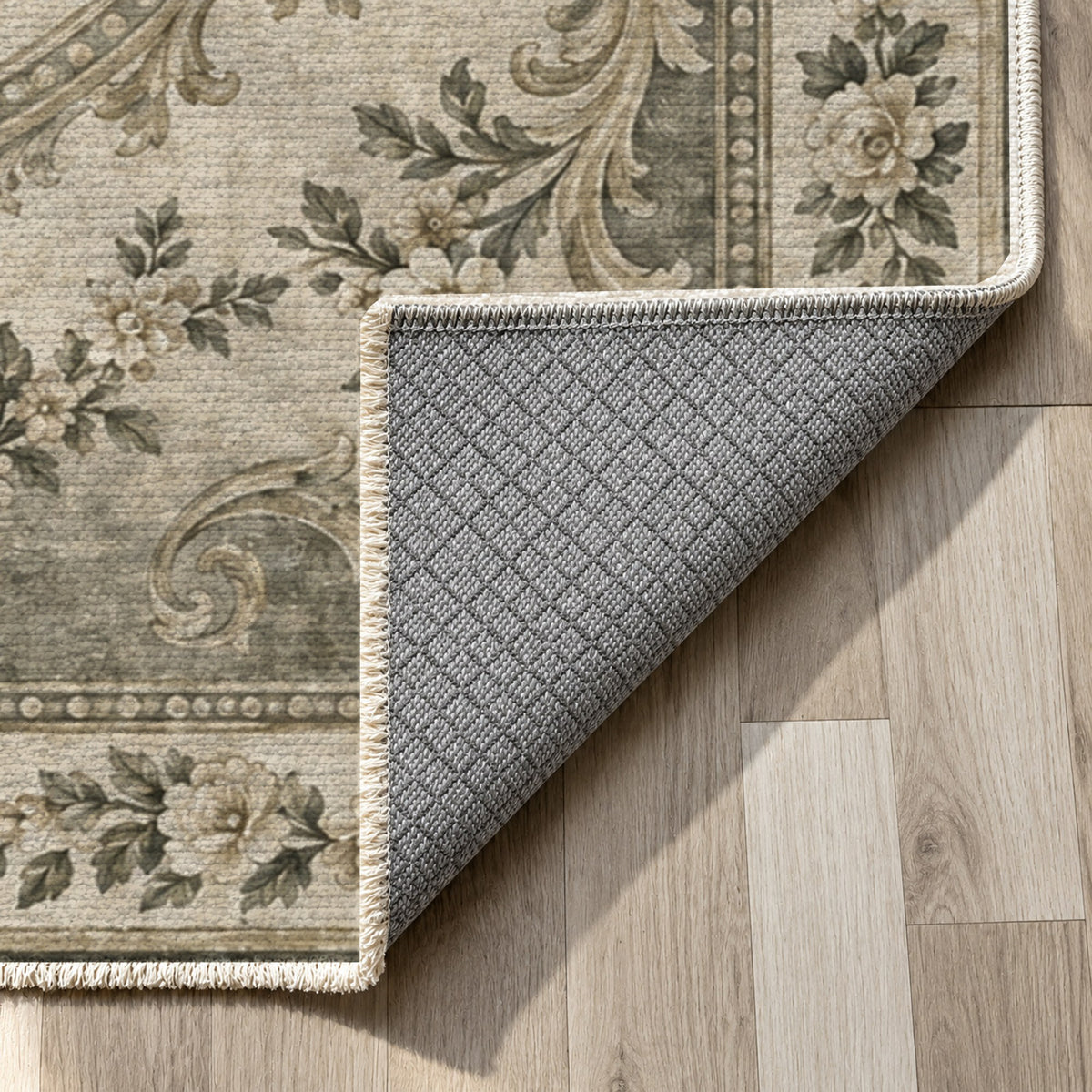 Aubusson Bouquet Sage Stone Classic Washable Rug — backing close up