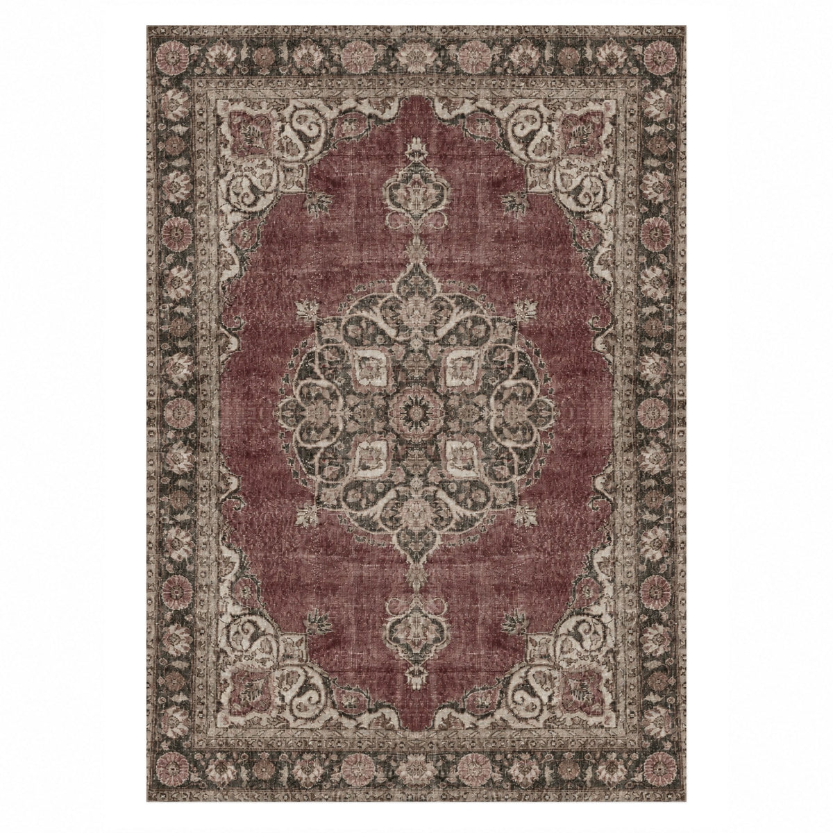 Aurelia Burgundy Ivory Vintage Washable Rug — top view