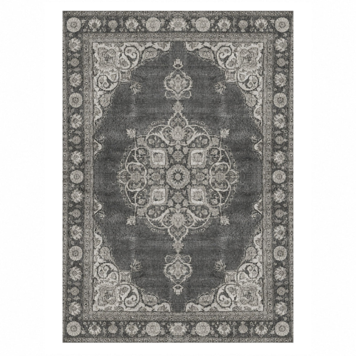 Aurelia Charcoal Silver Vintage Washable Rug — top view