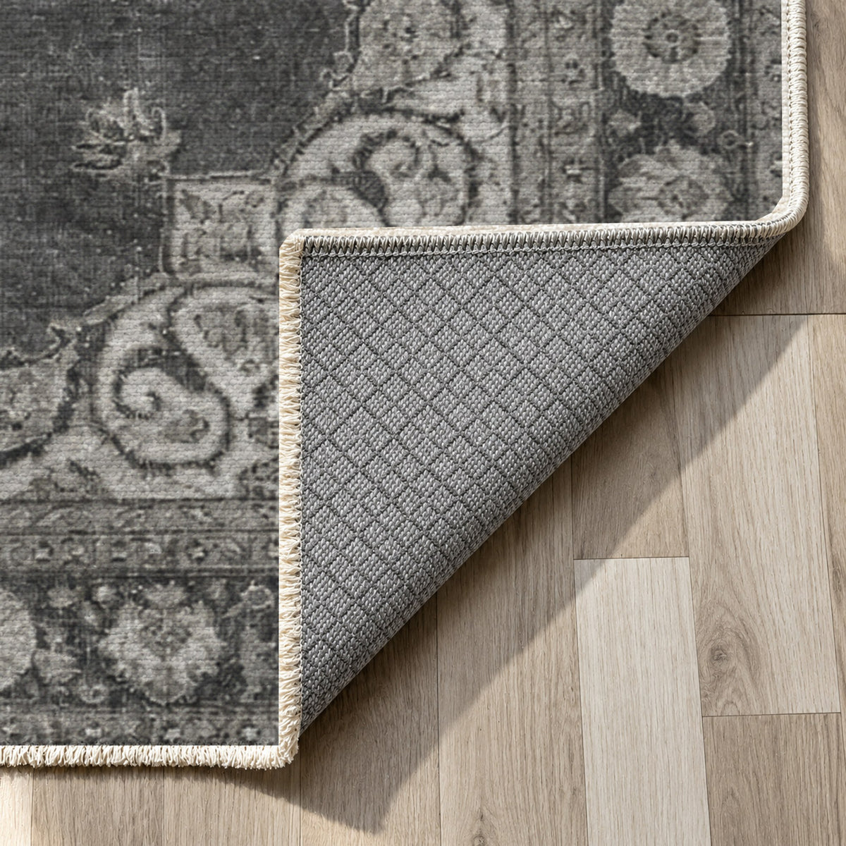 Aurelia Charcoal Silver Vintage Washable Rug — backing close up