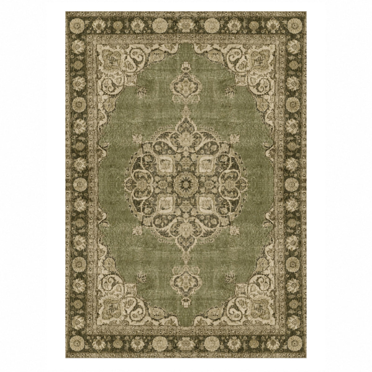 Aurelia Olive Sand Vintage Washable Rug — top view