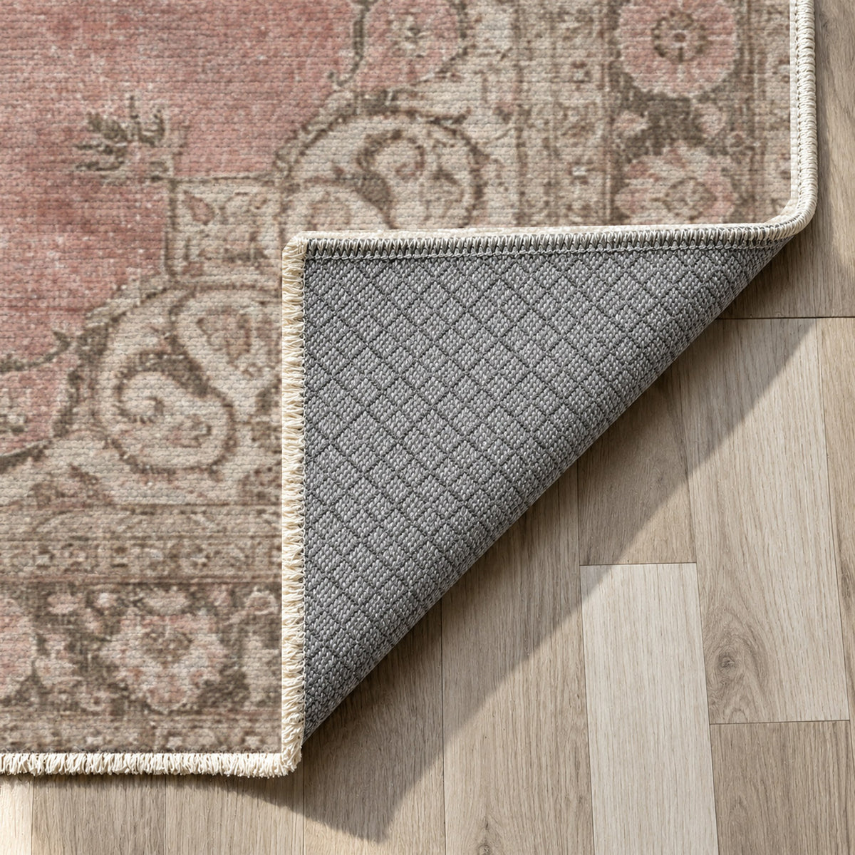Aurelia Rose Ivory Vintage Washable Rug — backing close up