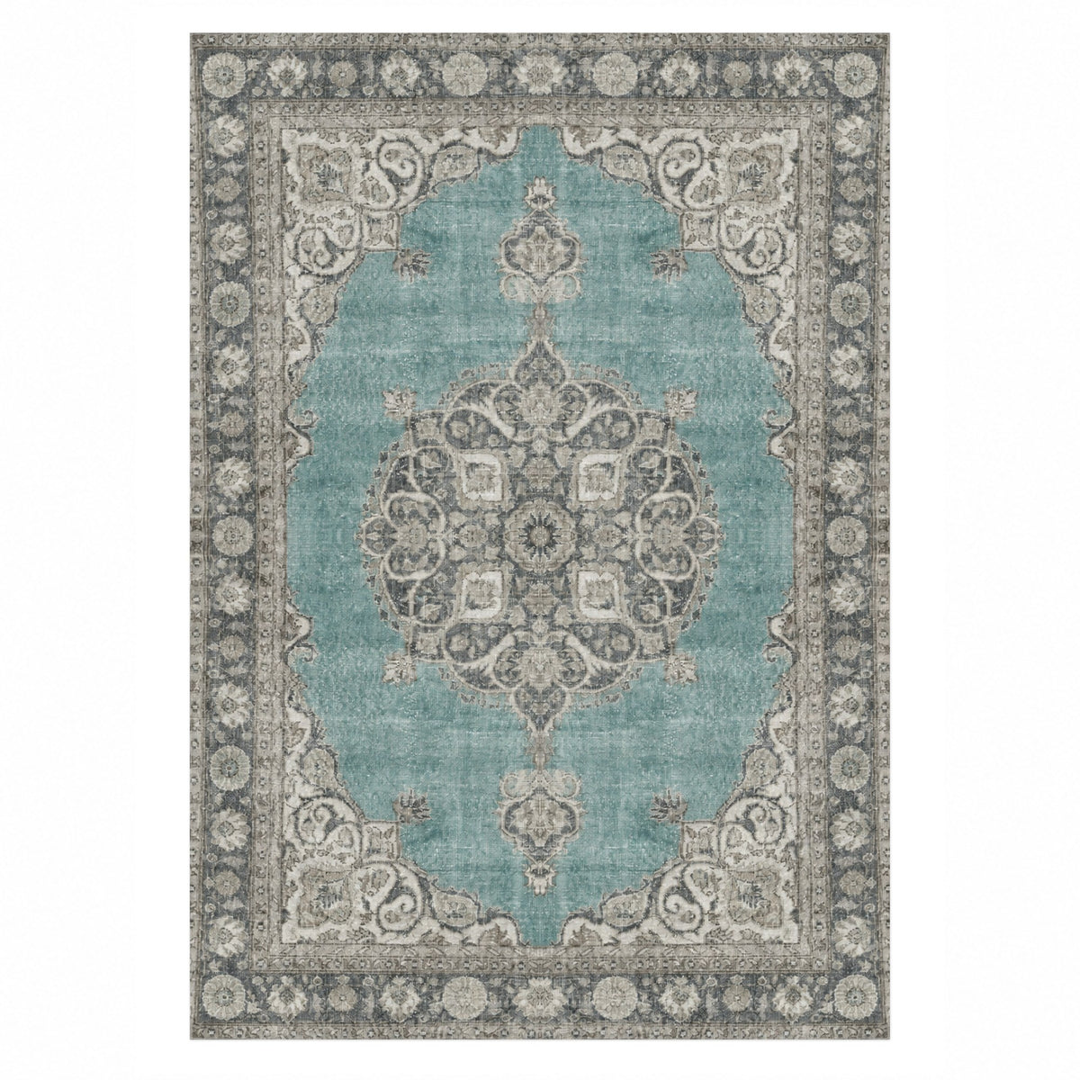 Aurelia Turquoise Ivory Vintage Washable Rug — top view