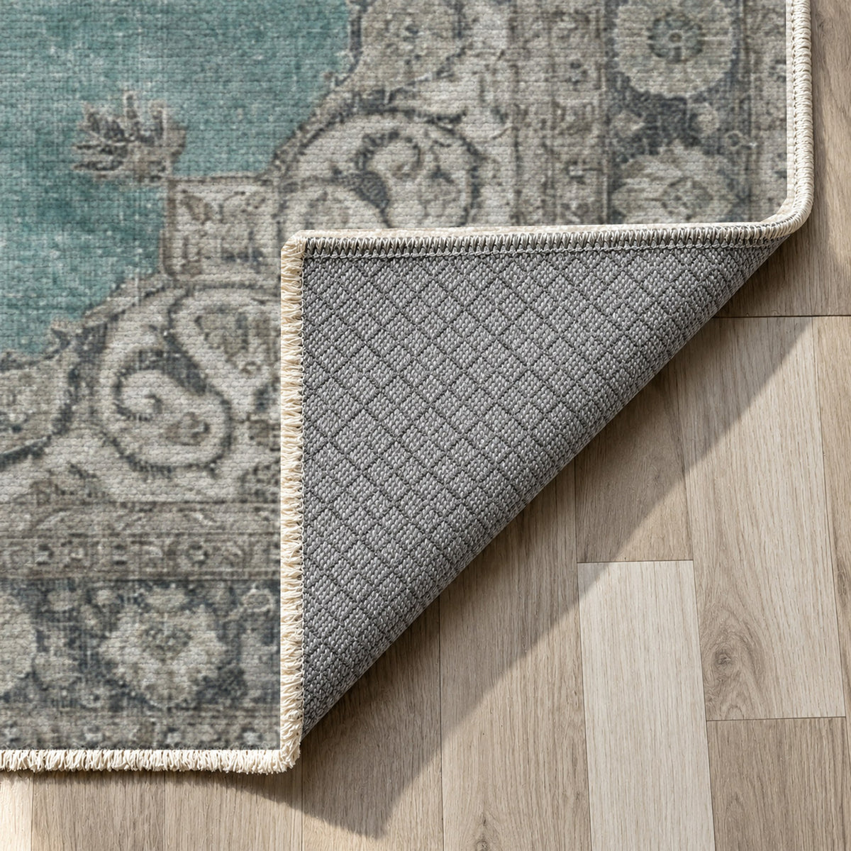 Aurelia Turquoise Ivory Vintage Washable Rug — backing close up