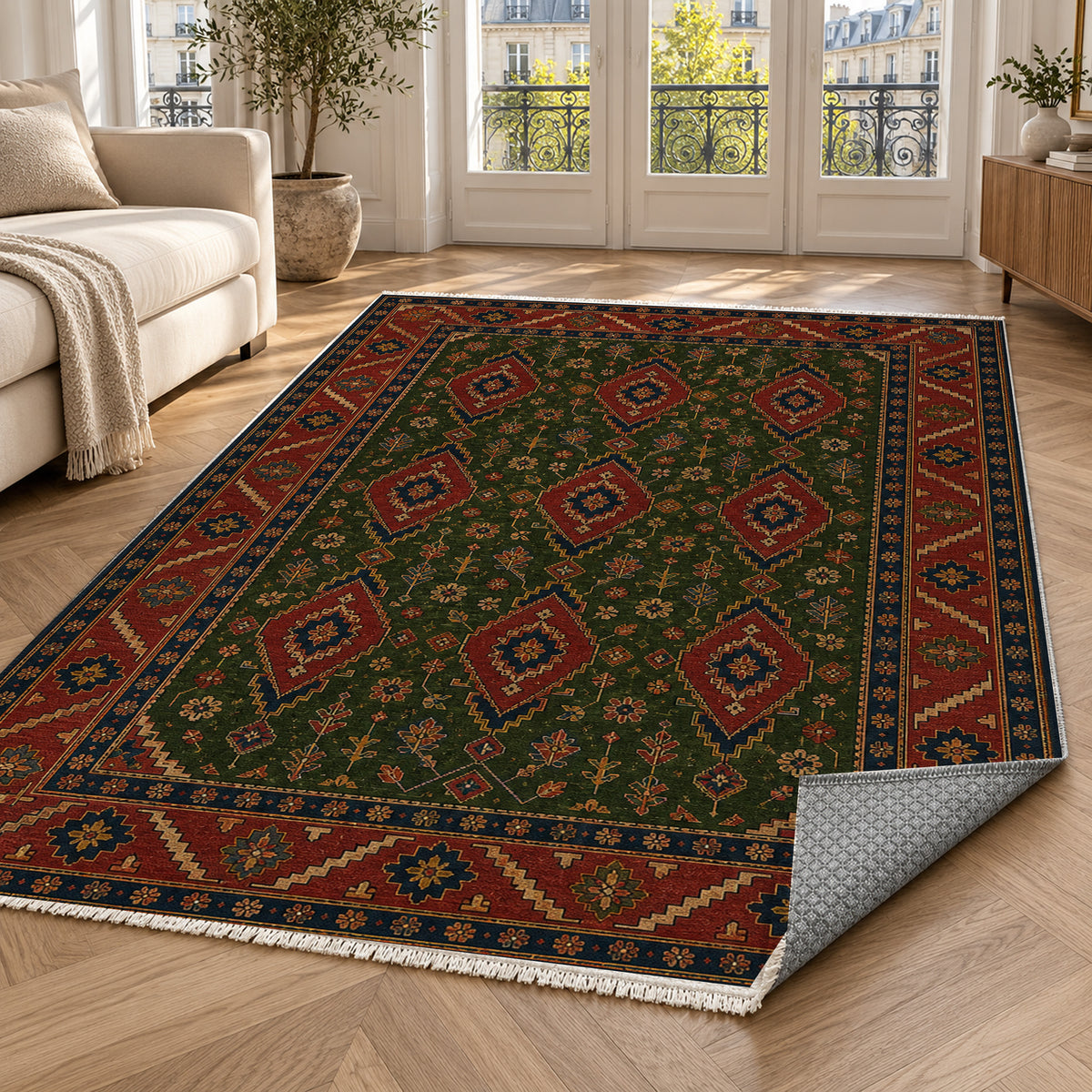 Balkh Olive Ethnic Washable Rug — paris living