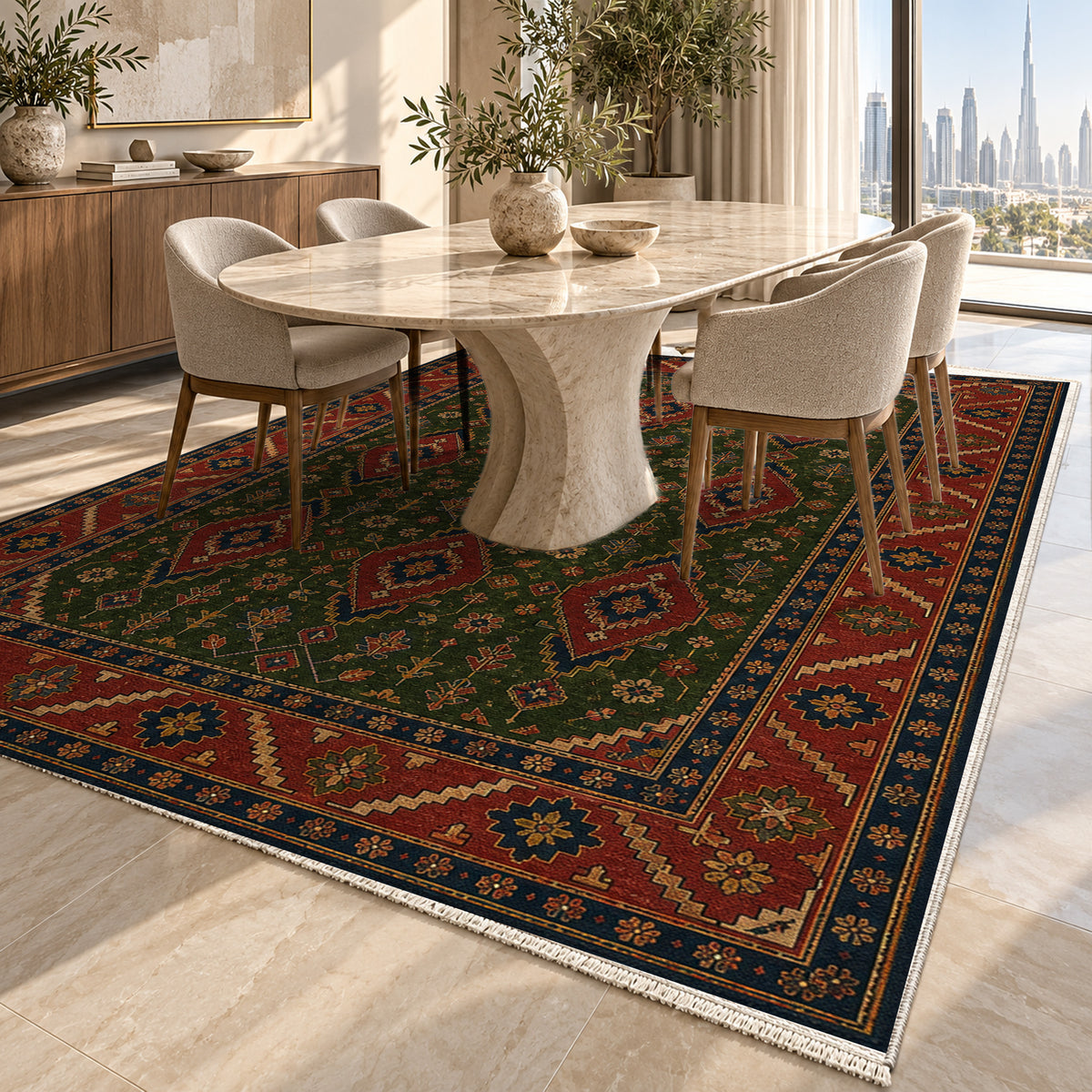 Balkh Olive Ethnic Washable Rug — dubai dining