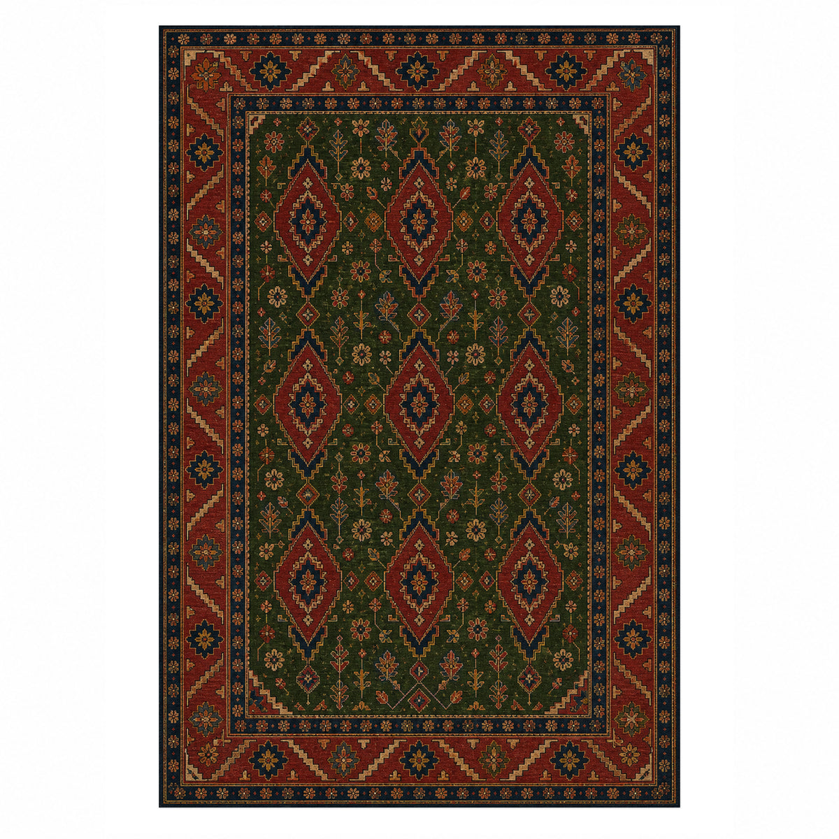 Balkh Olive Ethnic Washable Rug — top view