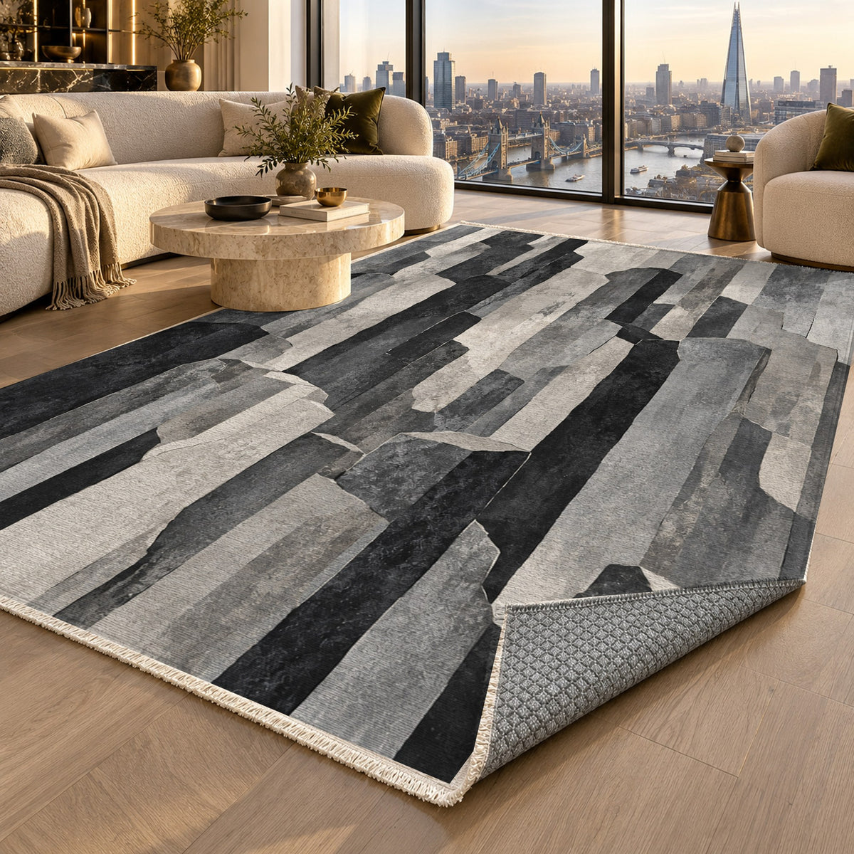 Basalt Columns Charcoal Abstract Washable Rug — london luxury living
