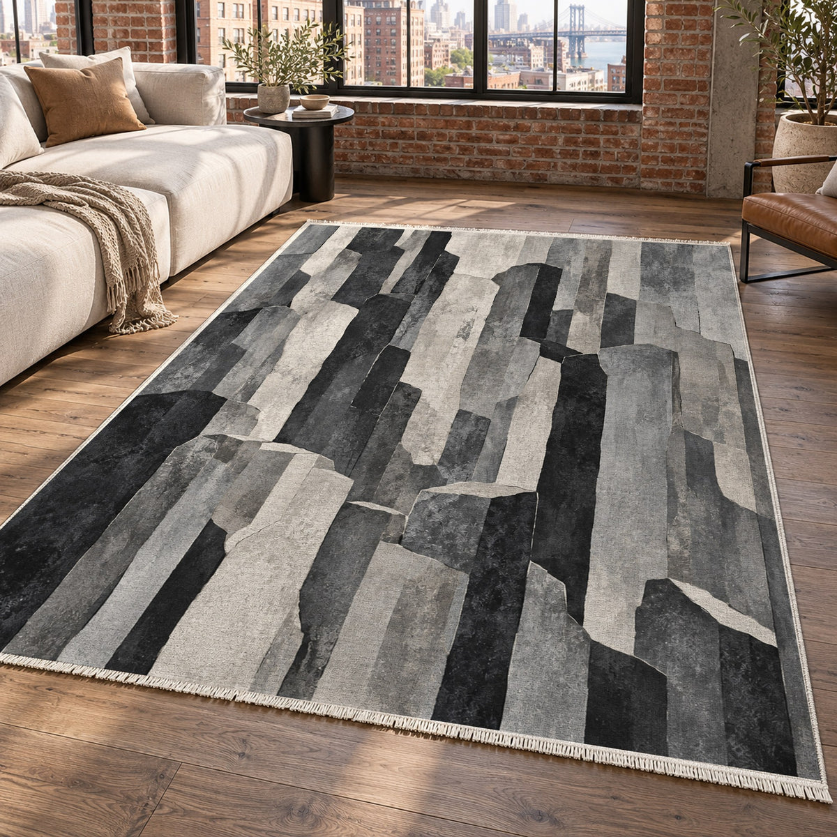 Basalt Columns Charcoal Abstract Washable Rug — new york living
