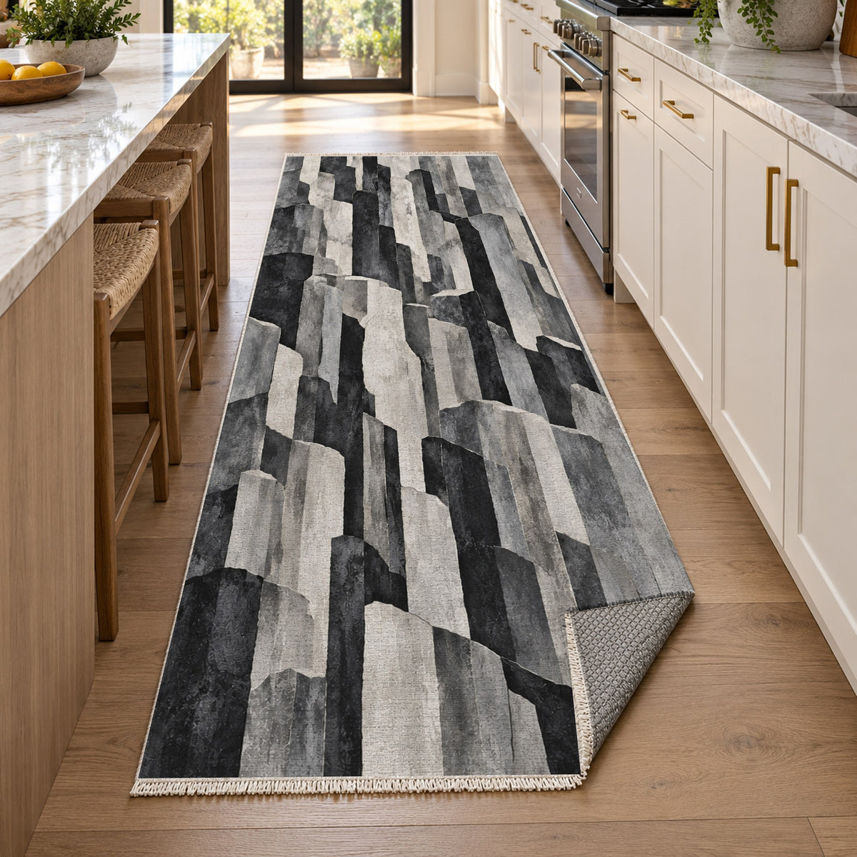 Basalt Columns Charcoal Abstract Washable Rug — new york kitchen runner