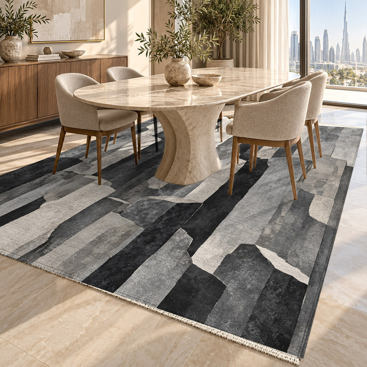 Basalt Columns Charcoal Abstract Washable Rug — dubai dining