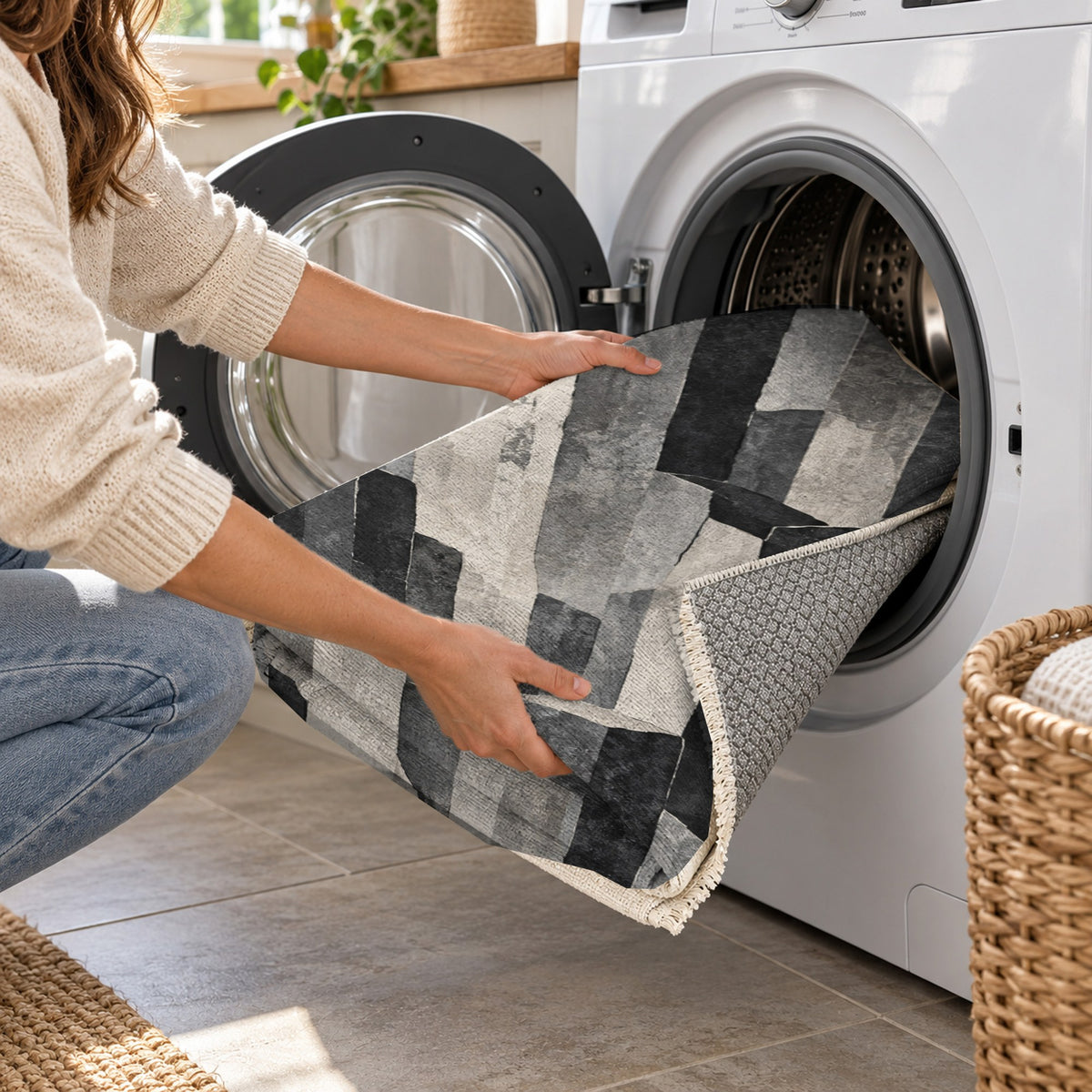 Basalt Columns Charcoal Abstract Washable Rug — washing machine