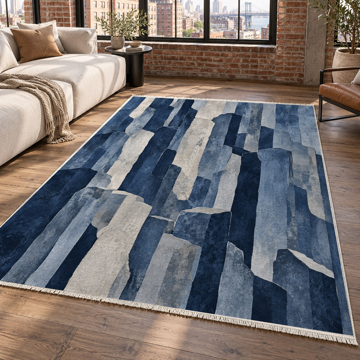 Basalt Columns Indigo Abstract Washable Rug — new york living