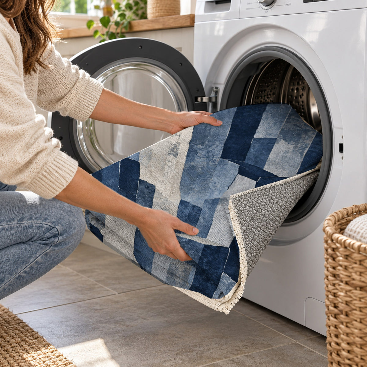 Basalt Columns Indigo Abstract Washable Rug — washing machine