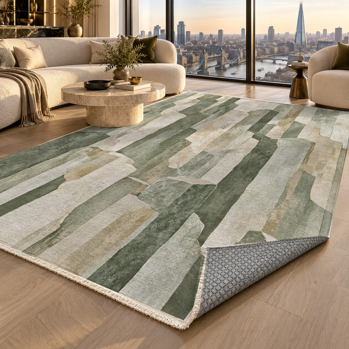 Basalt Columns Sage Abstract Washable Rug — london luxury living