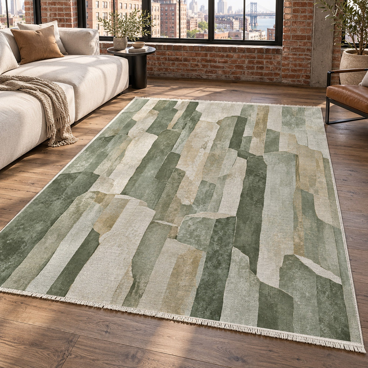 Basalt Columns Sage Abstract Washable Rug — new york living