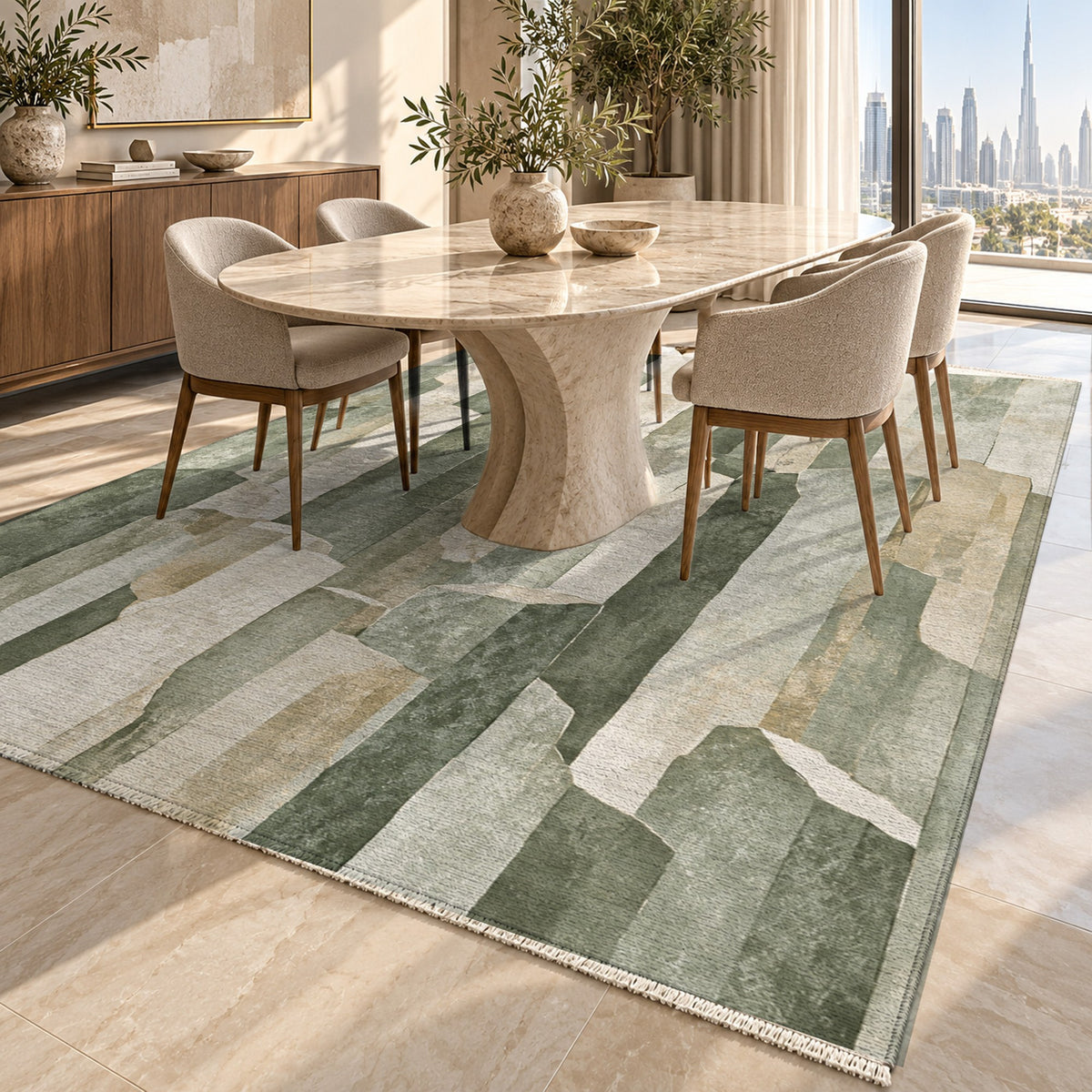 Basalt Columns Sage Abstract Washable Rug — dubai dining