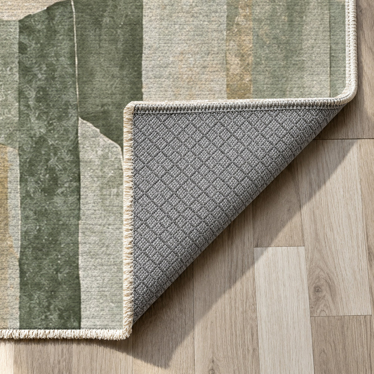 Basalt Columns Sage Abstract Washable Rug — backing close up