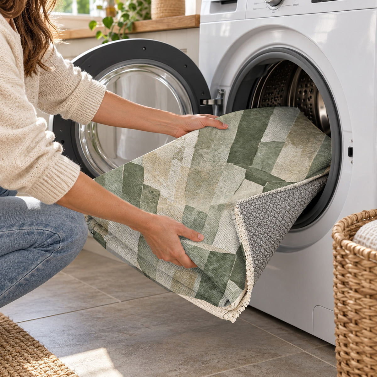 Basalt Columns Sage Abstract Washable Rug — washing machine