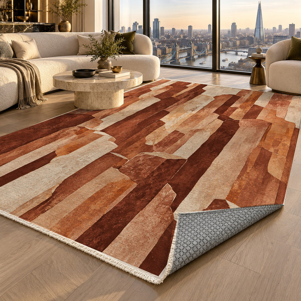 Basalt Columns Terracotta Abstract Washable Rug — london luxury living