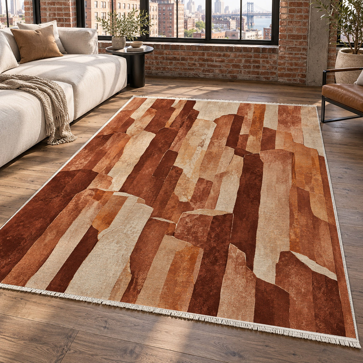 Basalt Columns Terracotta Abstract Washable Rug — new york living