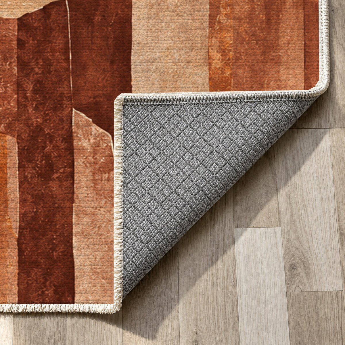 Basalt Columns Terracotta Abstract Washable Rug — backing close up