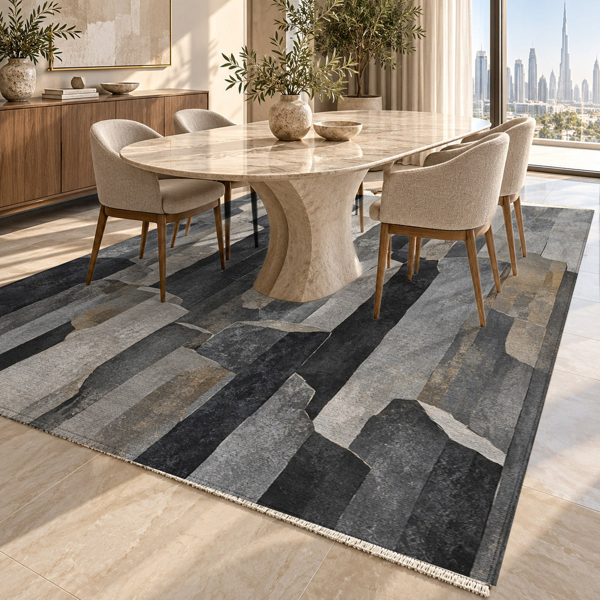 Basalt Columns Abstract Washable Rug — dubai dining