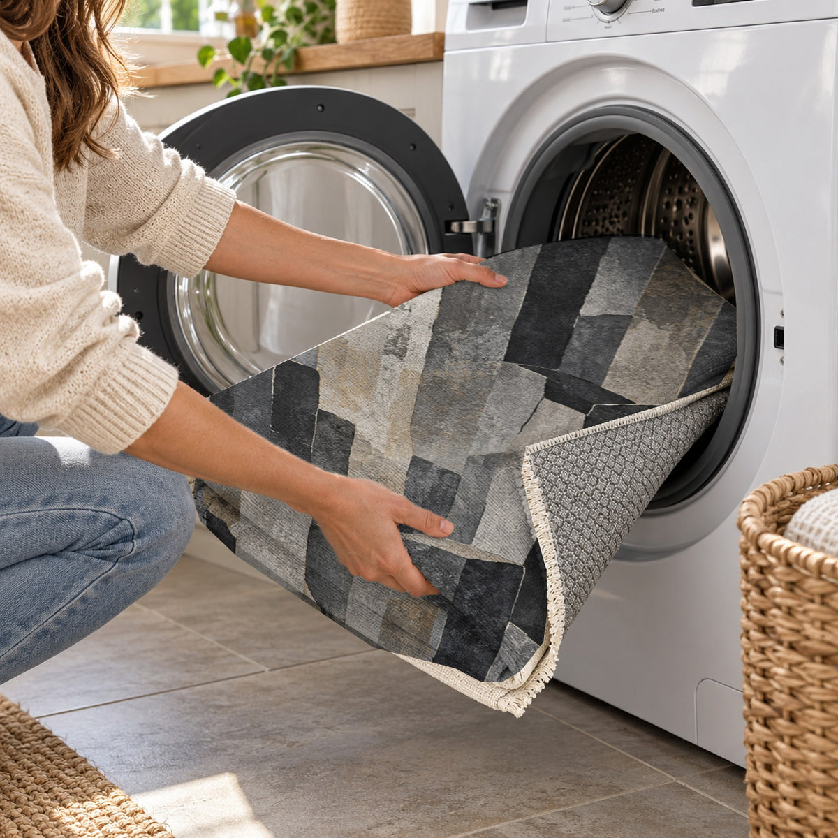 Basalt Columns Abstract Washable Rug — washing machine