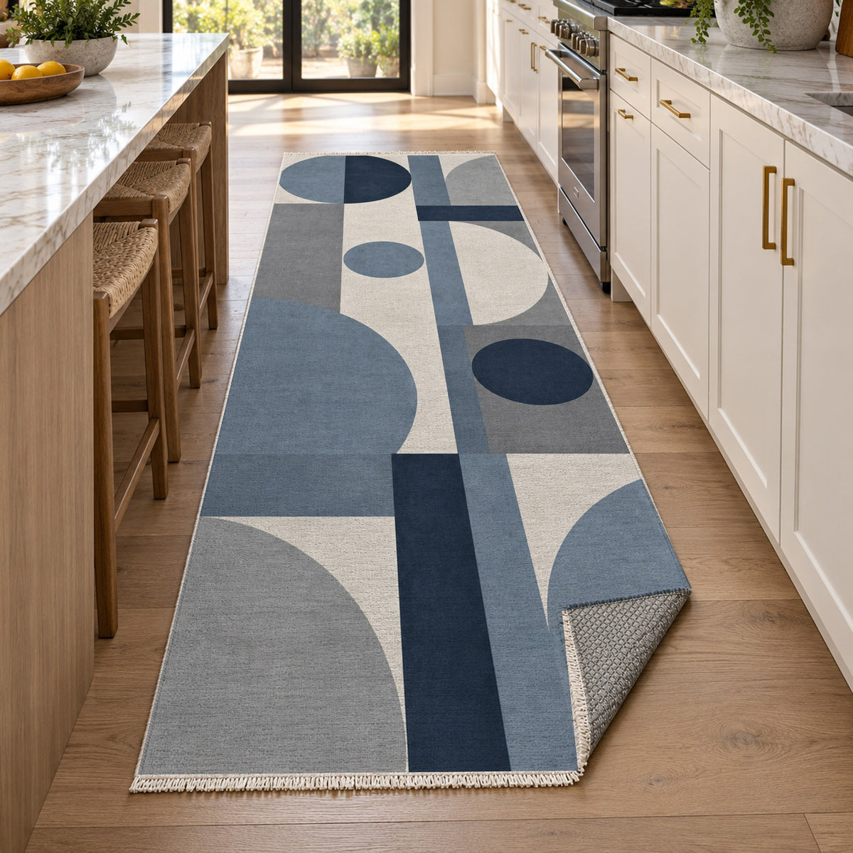 Bauhaus Balance Blue Grey Modern Washable Rug — new york kitchen runner