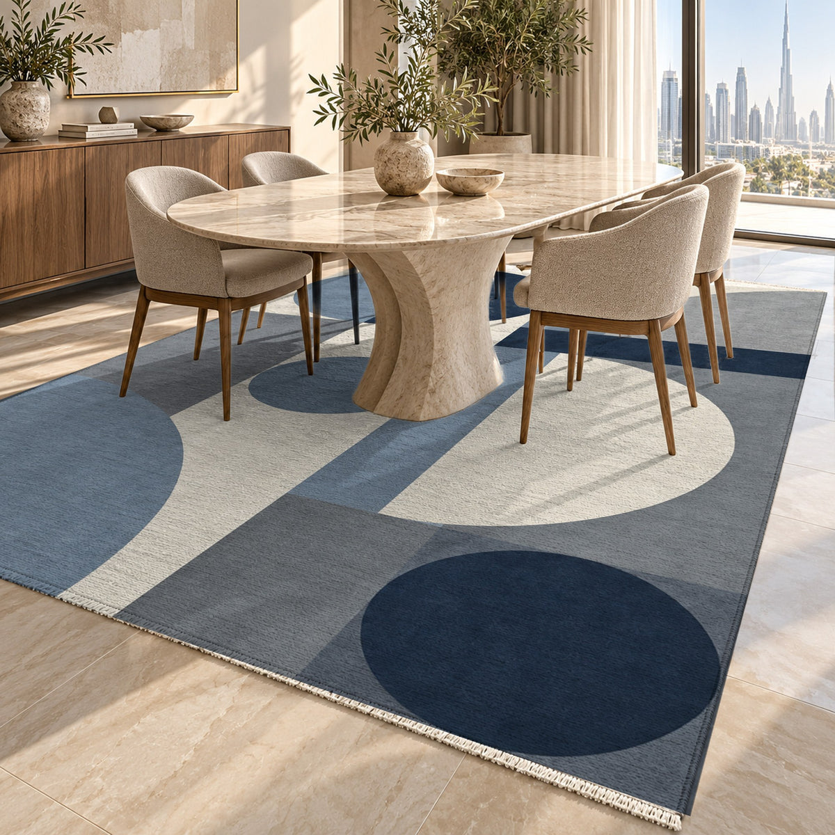 Bauhaus Balance Blue Grey Modern Washable Rug — dubai dining