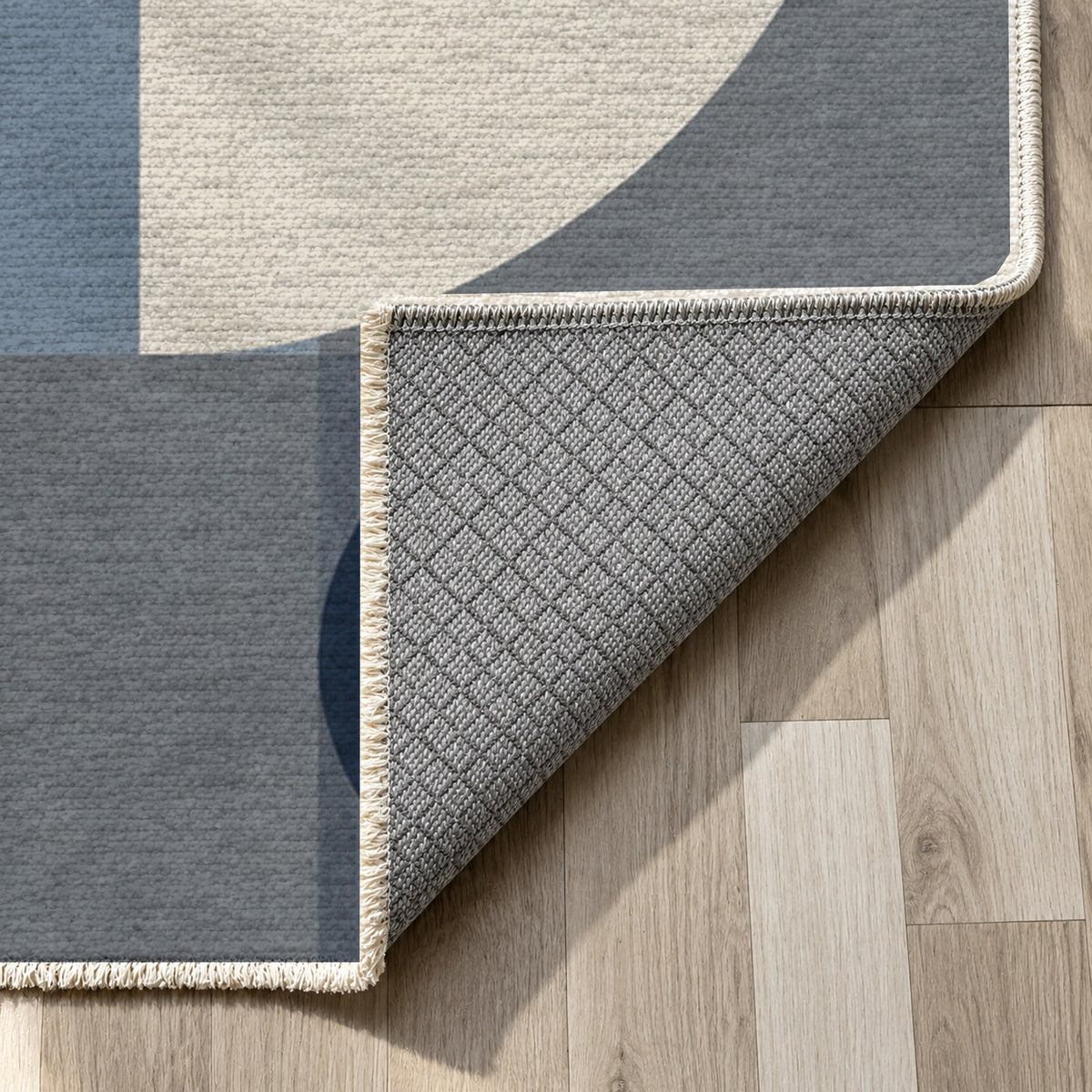 Bauhaus Balance Blue Grey Modern Washable Rug — backing close up
