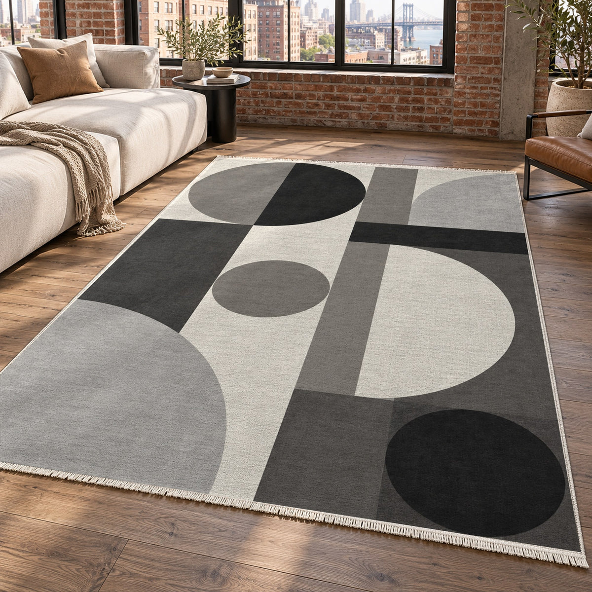 Bauhaus Balance Charcoal Ivory Modern Washable Rug — new york living