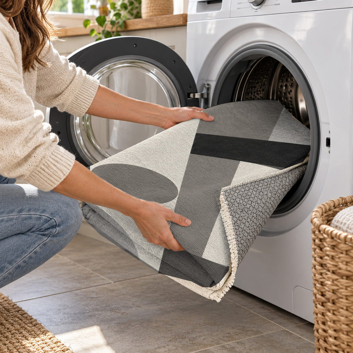 Bauhaus Balance Charcoal Ivory Modern Washable Rug — washing machine