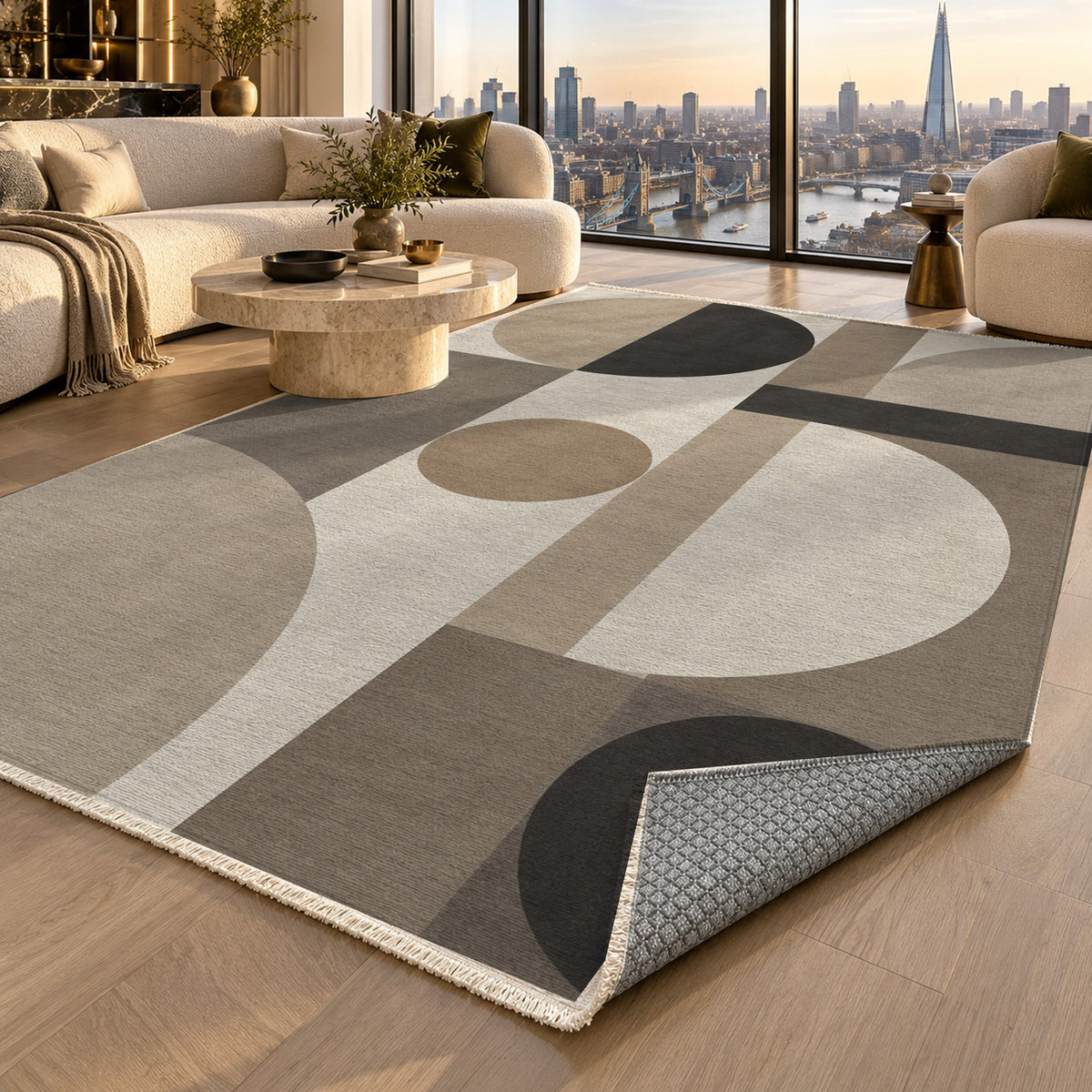 Bauhaus Balance Ivory Taupe Modern Washable Rug — london luxury living